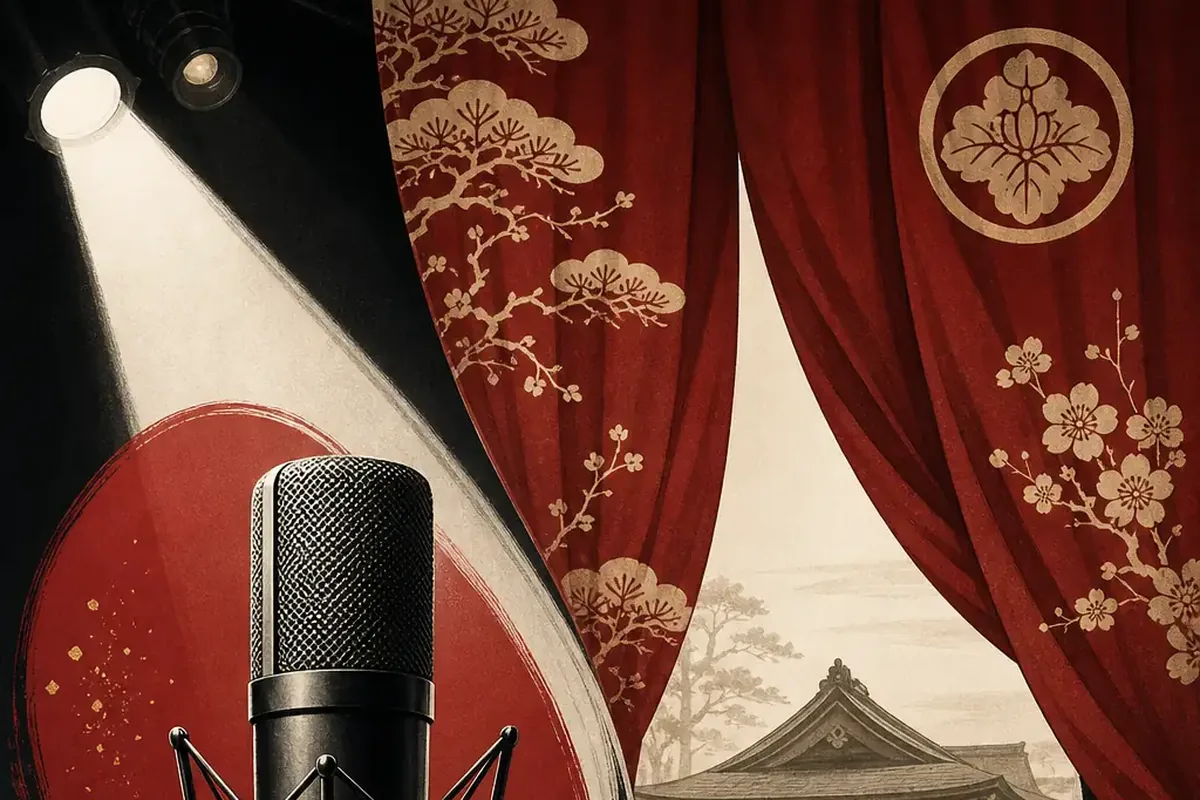 Editorial illustration of a microphone, stage curtain, and music cues representing Ado's STRANGER THAN HEAVEN role
