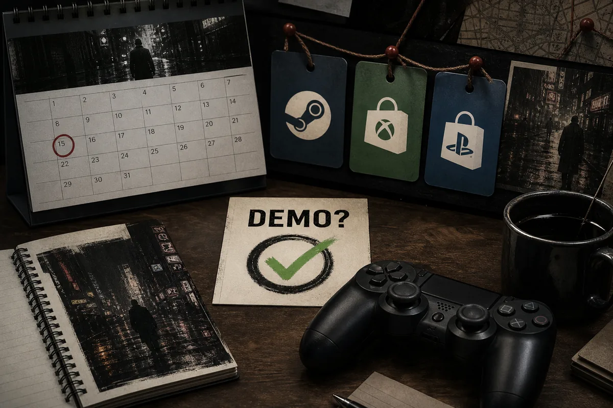 Editorial demo status graphic with a controller, calendar, and official store markers for checking STRANGER THAN HEAVEN demo availability