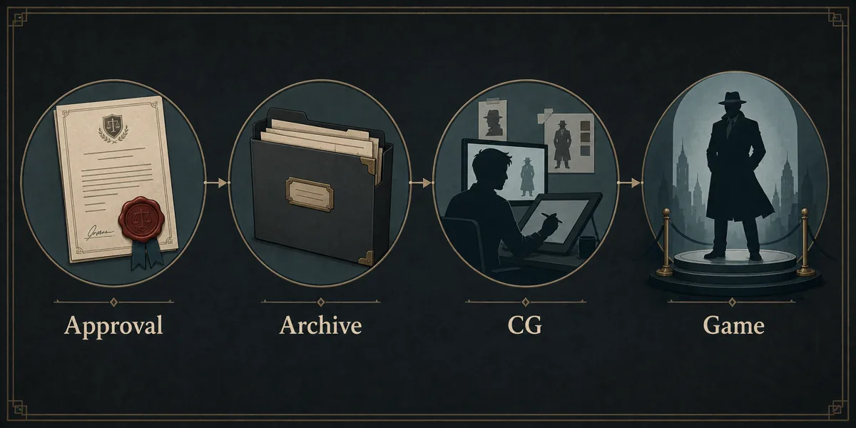 Editorial illustration showing approval, archive references, CG production, and final game portrayal as a four-step process