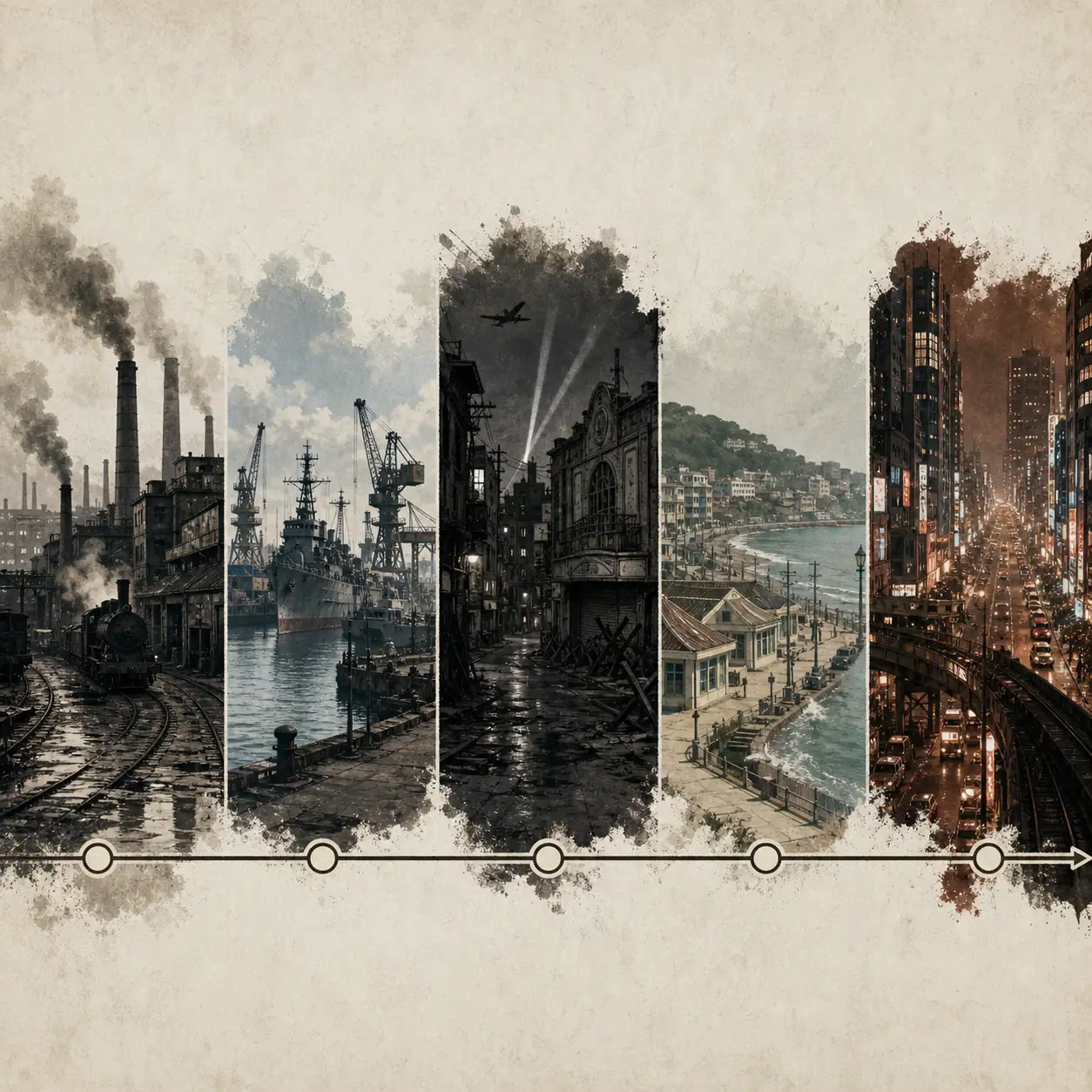 Conceptual editorial illustration of five connected historical city scenes representing the STRANGER THAN HEAVEN timeline