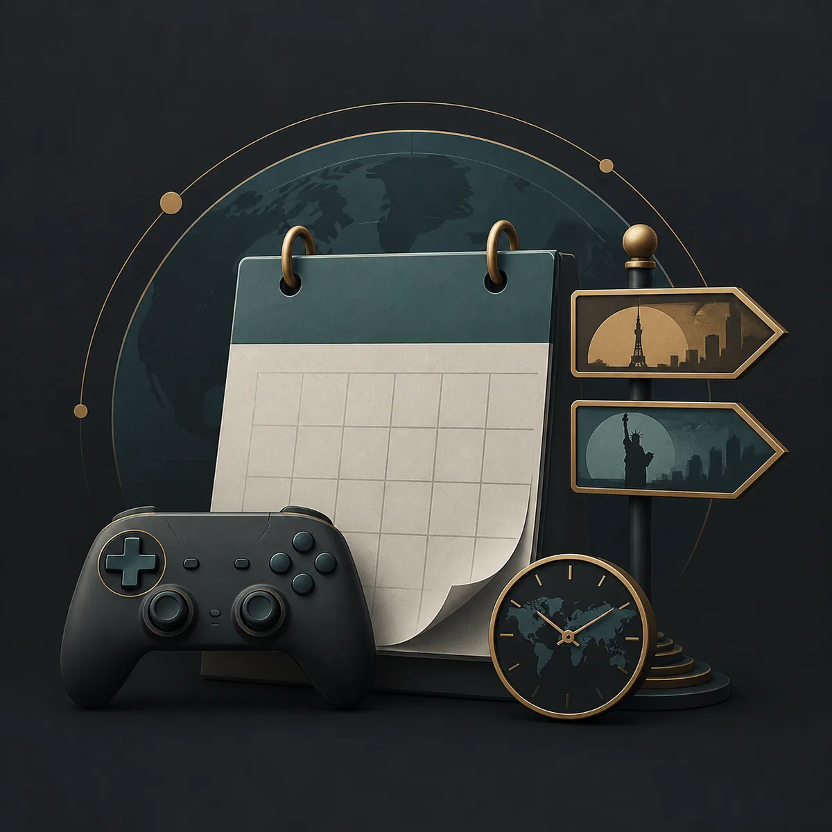 Editorial illustration of a calendar, controller, world clock, and regional release directions