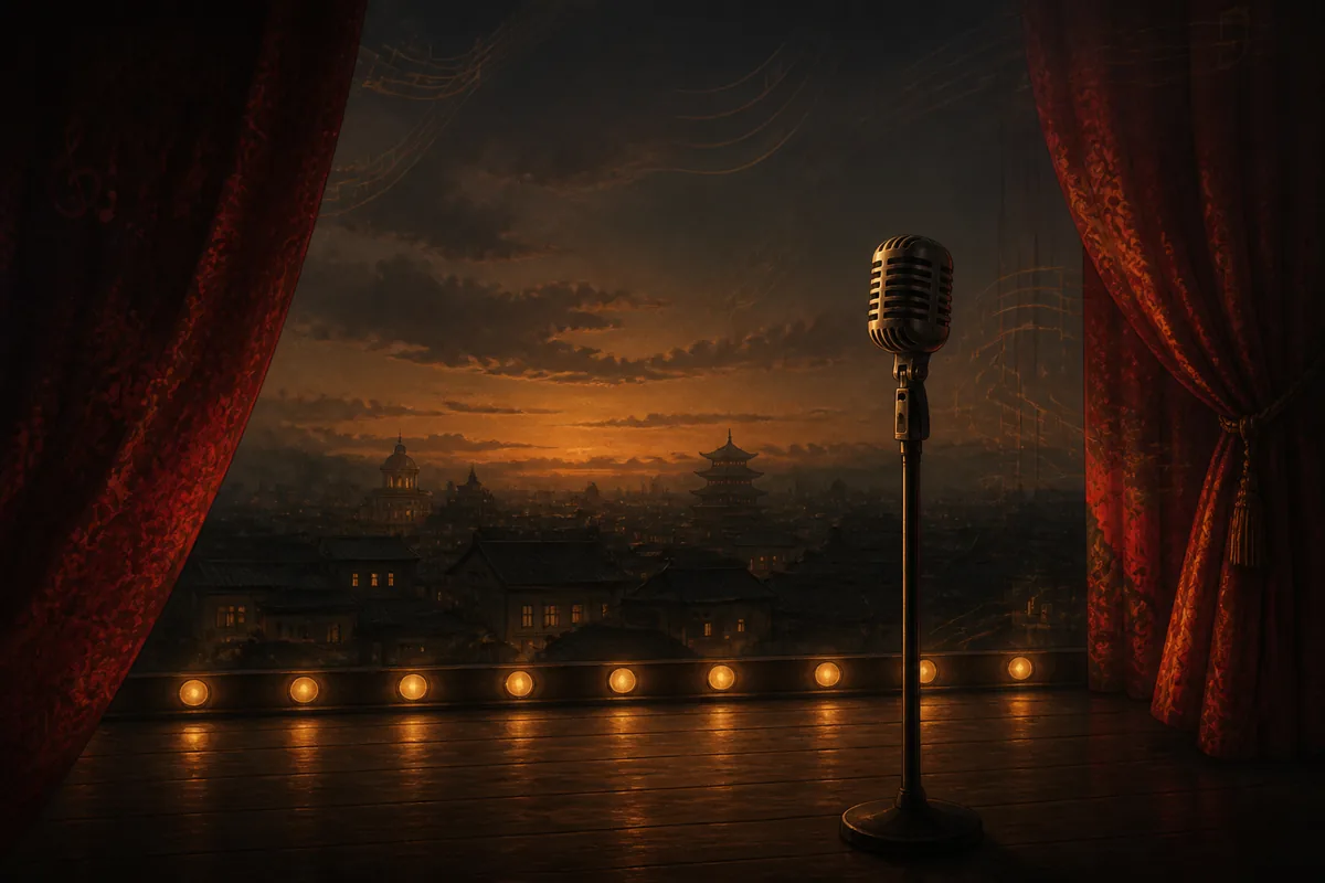 Editorial microphone and Japanese stage curtains representing the STRANGER THAN HEAVEN theme-song search